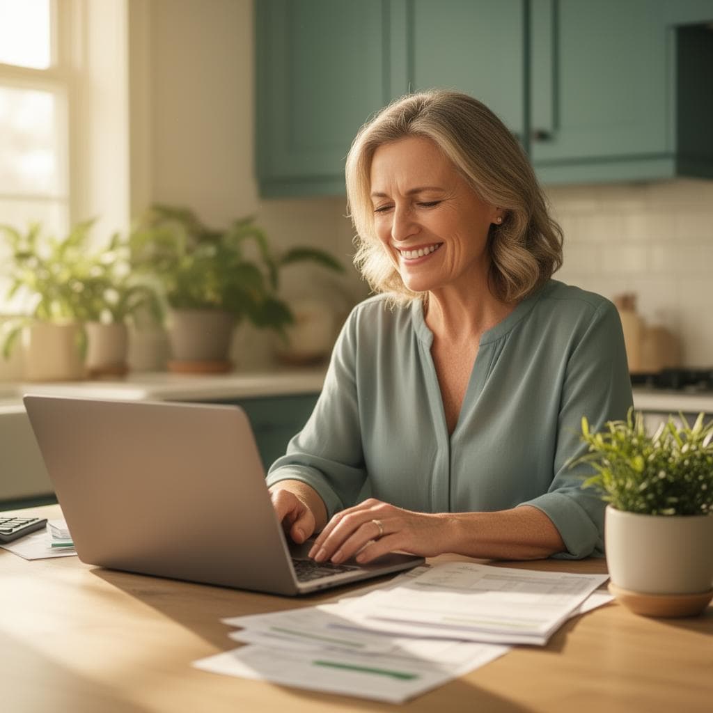 A woman reviewing her finances at a sunlit table, looking relieved